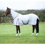 White horse blanket with maroon trim and adjustable straps for comfort in the fantastic stormx original protect neck fly rug