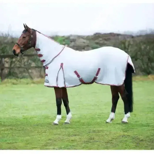 White horse blanket with maroon trim and adjustable straps for comfort in the fantastic stormx original protect neck fly rug