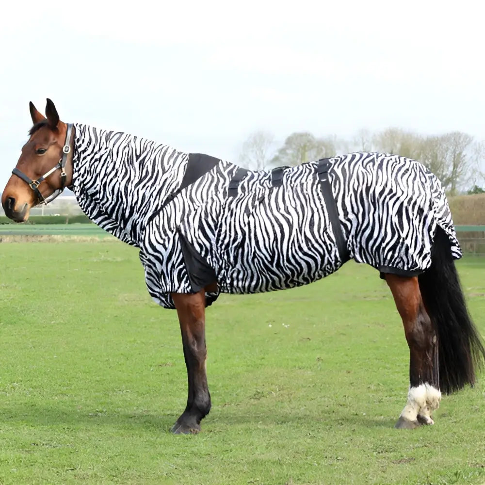 Black and white zebra-striped stormx original sweet itch zebra rug with adjustable straps for horse protection