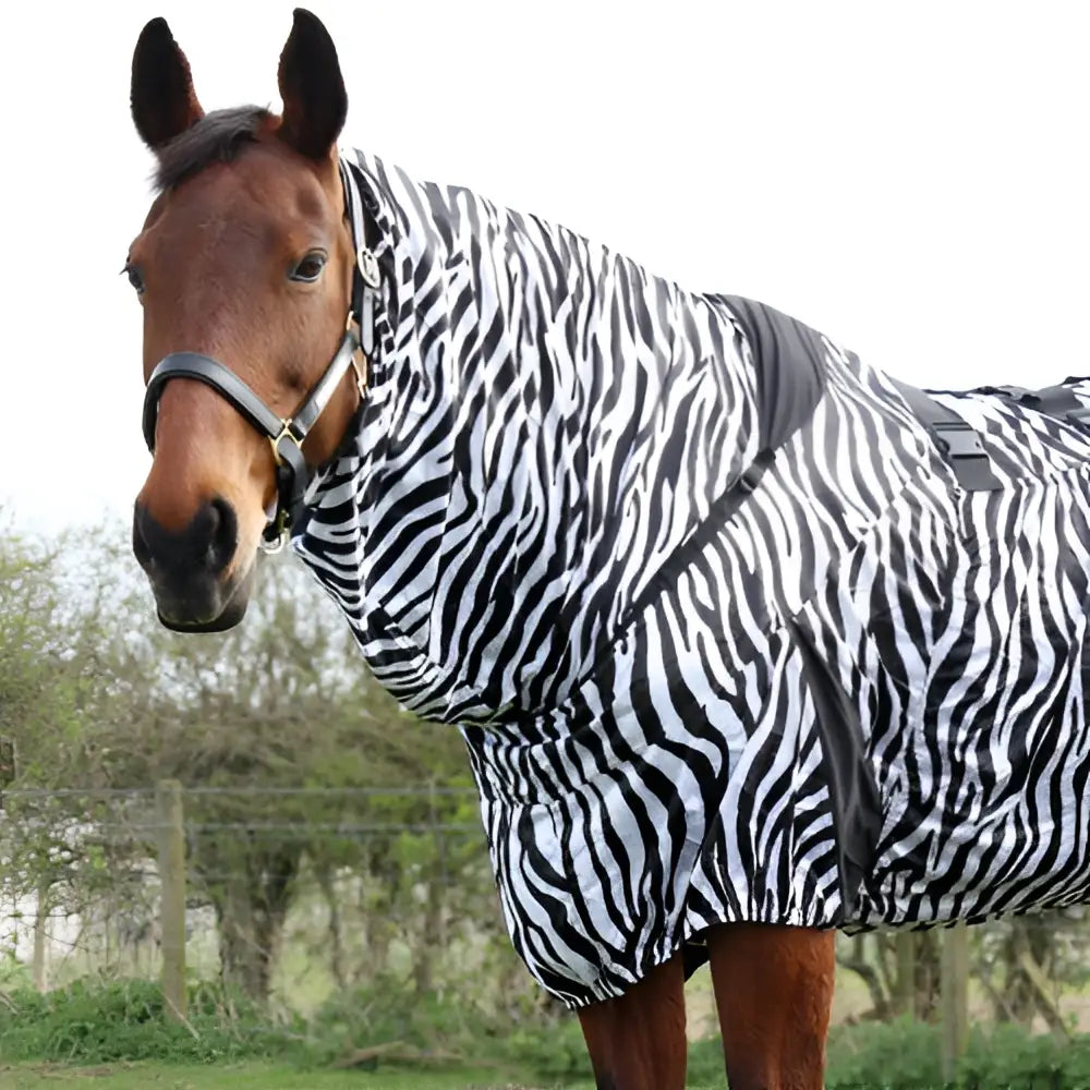A stormx original sweet itch zebra rug horse blanket with black and white zebra stripes and a sleek fitted design