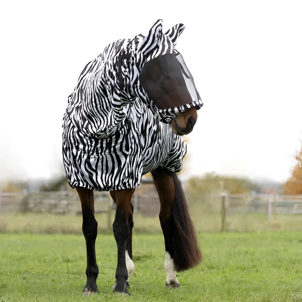 Stormx original sweet itch zebra fly mask with black and white stripes and transparent face shield for horses