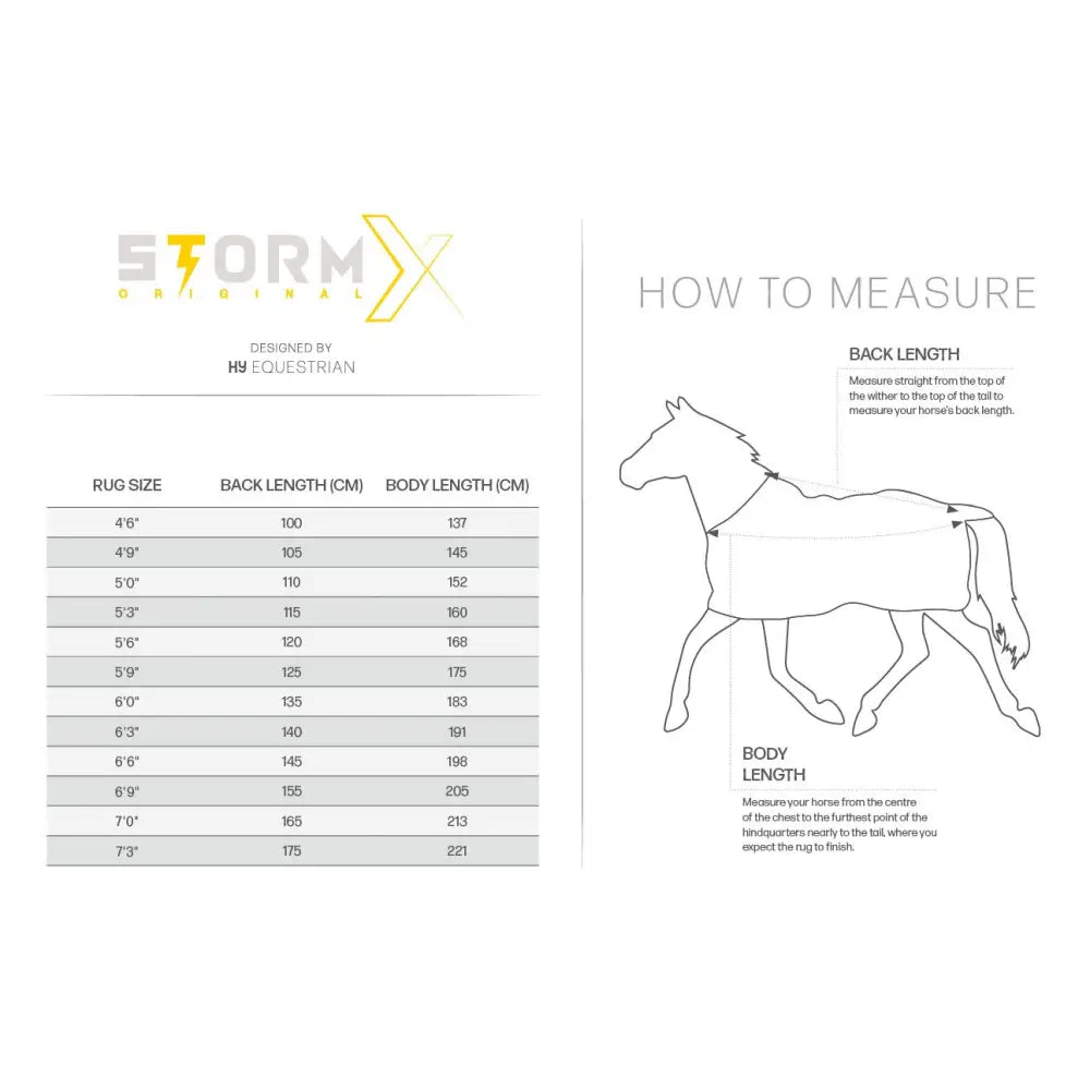 Stormx original sweet itch zebra rug size chart showing measurements for the sweet itch zebra product by hj equestrian