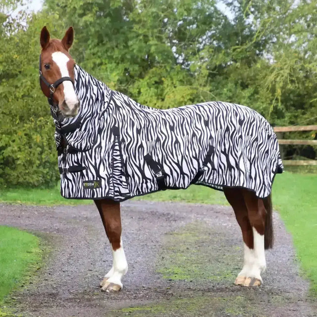 StormX original zebra print fly rug in black and white with adjustable straps and storm logo on front