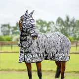 Stormx original zebra print fly rug is a black and white zebra print horse blanket with matching hood and adjustable straps