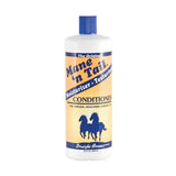 A white plastic bottle with blue cap and yellow label showing straight arrow mane n tail conditioner for thicker flowing manes