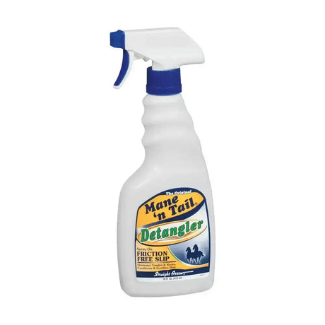 White plastic spray bottle with blue trigger labeled straight arrow mane n tail detangler for easy hair grooming