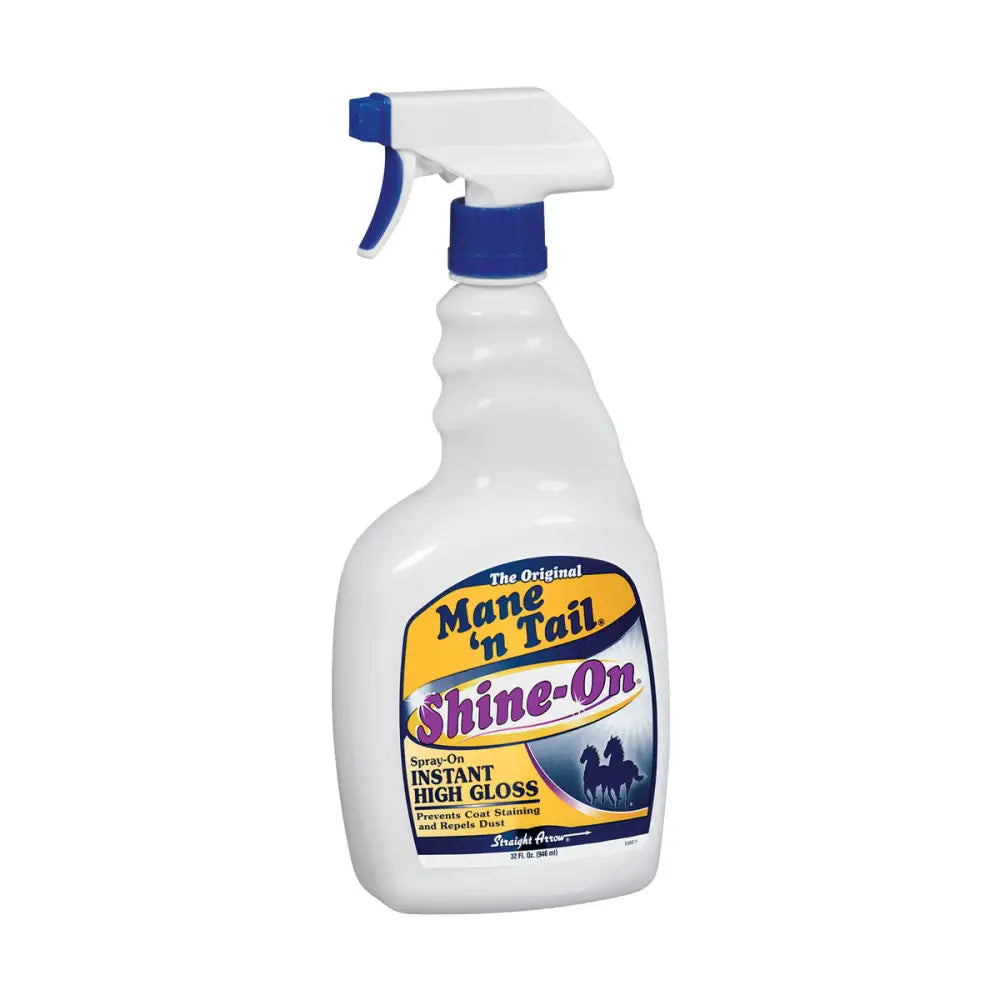 White plastic conditioning finishing spray bottle with blue trigger labeled straight arrow mane n tail shine on