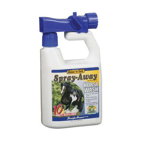 White plastic spray bottle with blue nozzle labeled mare-n-tail spray-away by straight arrow mane perfect for horse owners