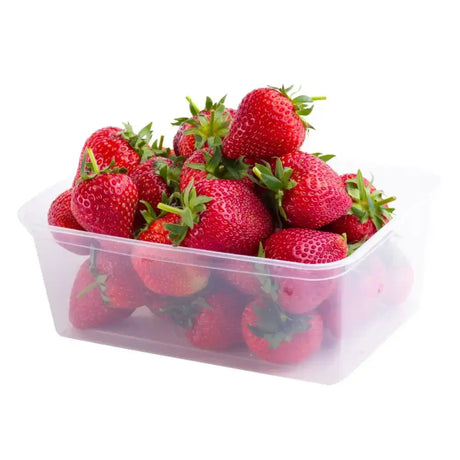 Fresh red somerset strawberries with green tops in a clear plastic container perfect for equestrian horse snacks