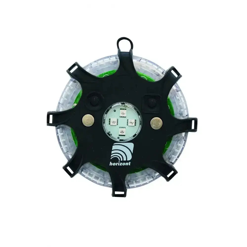 Black and clear circular led streetflare horse box hazard light with green glow and horizon logo on central circuit board