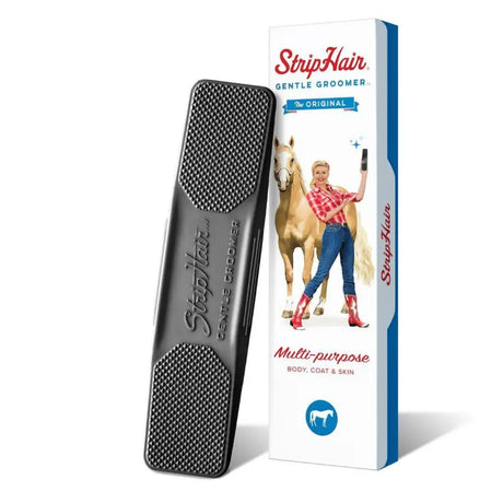 Black striphair gentle groomer equine with textured grid surface for multi-purpose use as horse shedding tool