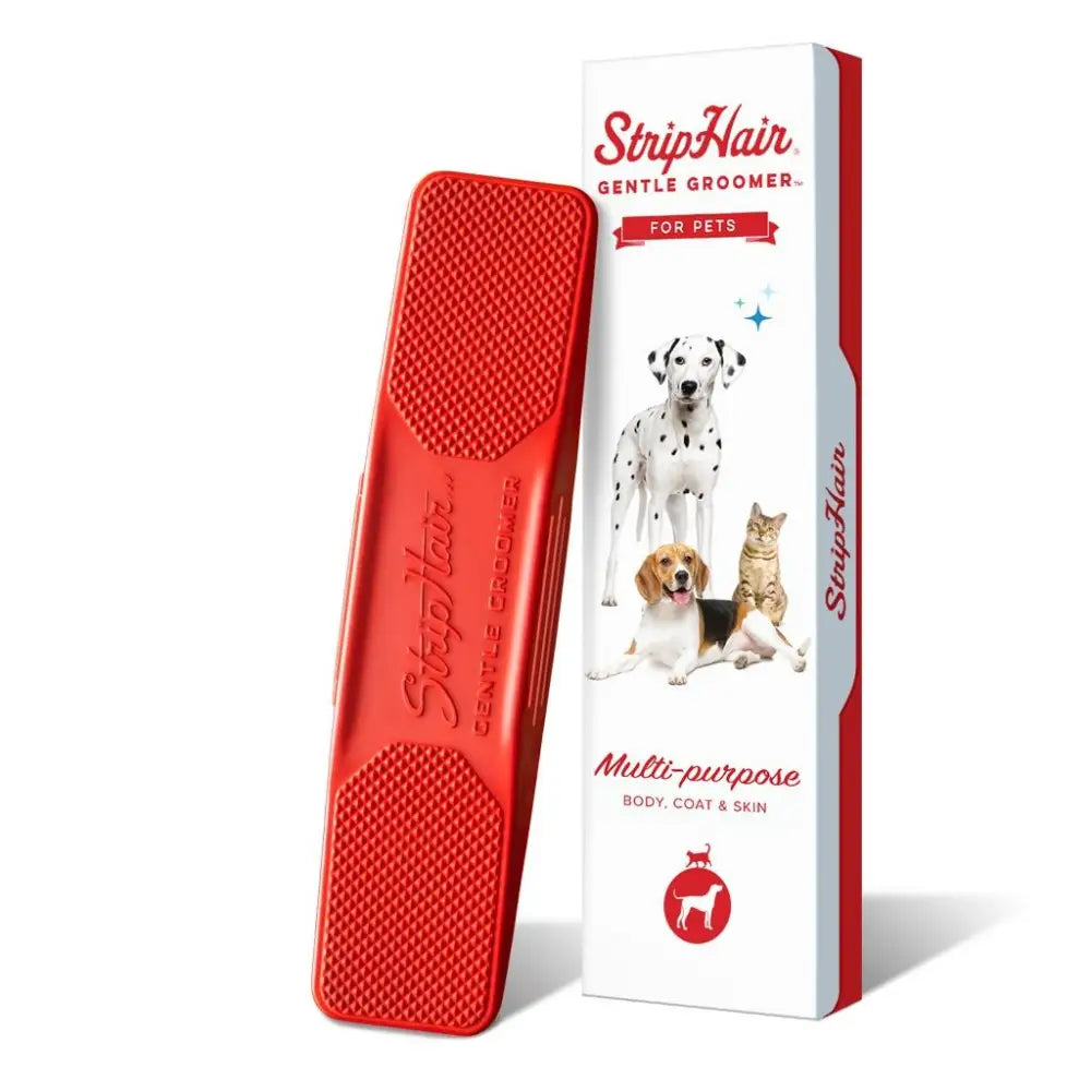 Red striphair gentle groomer with textured rubber surface for easy-to-use coat conditioning and hair removal tool for dogs and cats