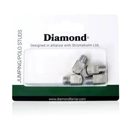Silver stromsholm diamond jumping polo studs in clear plastic package with green and white branding