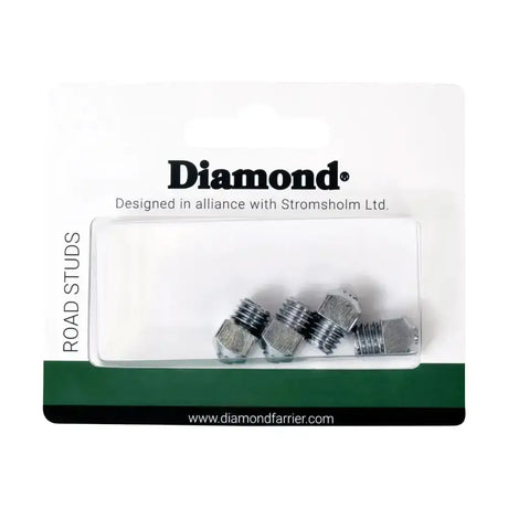 Silver metallic stromsholm diamond road studs in clear plastic package with green and white branding for riding shod horse