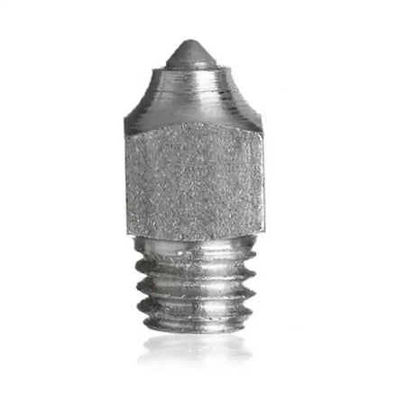 Silver metallic 3d printer nozzle with hexagonal body and threaded base for stromsholm screw studs type tsl
