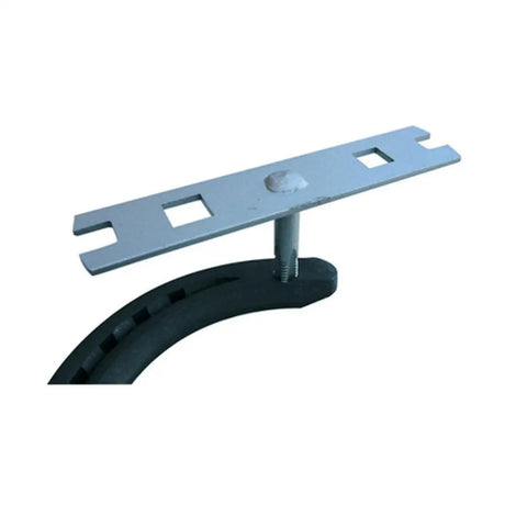 Gray metal cable clamp with black rubberized base and square cutouts for stromsholm spanner tap use