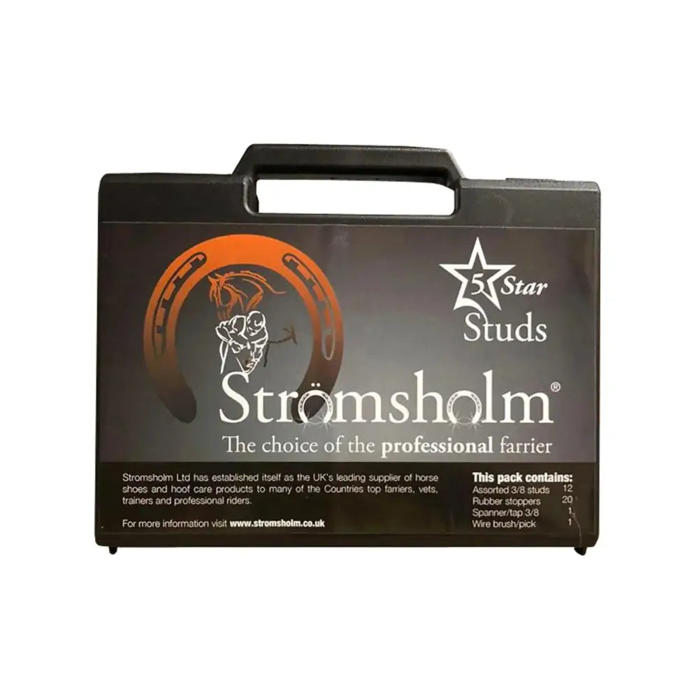 Black plastic carrying case for stromsholm starter box with studs and stud hole brush for horse hoof care