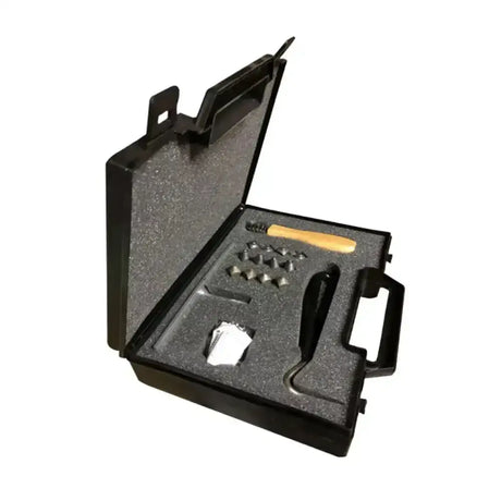 Black plastic stromsholm starter box with metal piercing tools wooden handles foam insert and stud hole brush for square studs