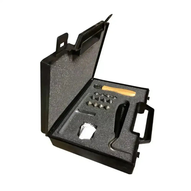 Black plastic stromsholm starter box with metal piercing tools wooden handles foam insert and stud hole brush for square studs