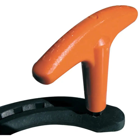 Orange plastic t-shaped handle attached to black rubberized base stromsholm t-tap thread cleaner stud kit
