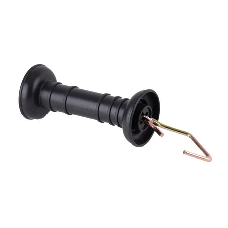 Black plastic garden gate handle with metal hook attachment for sts electric fencing gate use