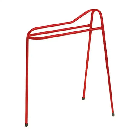 Red lightweight stubbyfine coated steel 3 legged saddle rack with black rubber tips on legs for stable support