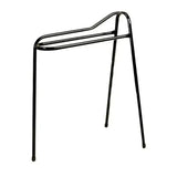 Black metal stubbs 3 legged saddle rack with sleek curved design made of lightweight stubbyfine coated steel