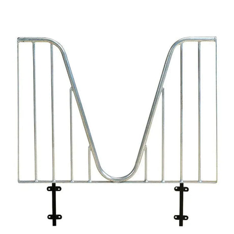 Silver metal letter m-shaped magazine rack with black mounting brackets shown as stubbs anti-weaver grille back view