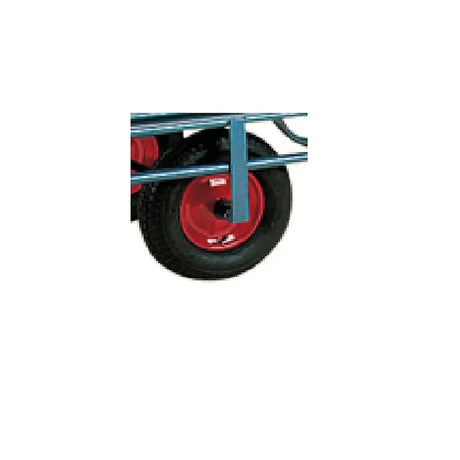 Black rubber tire with bright red rim mounted on blue metal frame for stubbs bale feed trolley spare large 40cm wheel