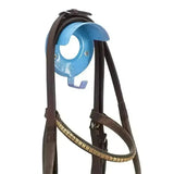 Brown leather horse bridle with gold metallic browband featuring stubbs bridle brackets and hooks outstanding model