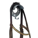 Brown leather horse bridle with gold metallic browband featuring stubbs bridle brackets and hooks outstanding model