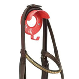 Brown leather horse bridle with gold metallic browband and red plastic hook from stubbs bridle brackets hooks outstanding model