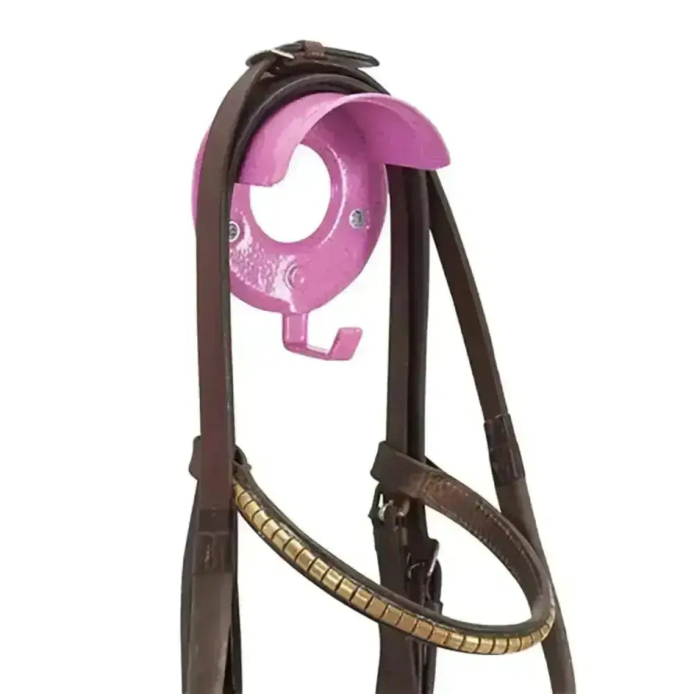 Brown leather horse bridle with gold metal browband featuring stubbs bridle brackets and hooks outstanding model