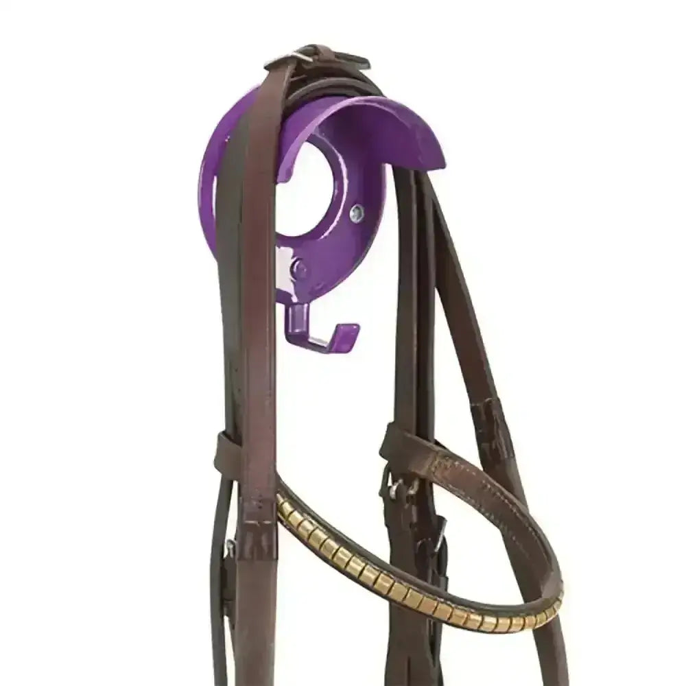 Brown leather horse bridle with purple metal headpiece and gold accents featuring stubbs bridle brackets and hooks outstanding model