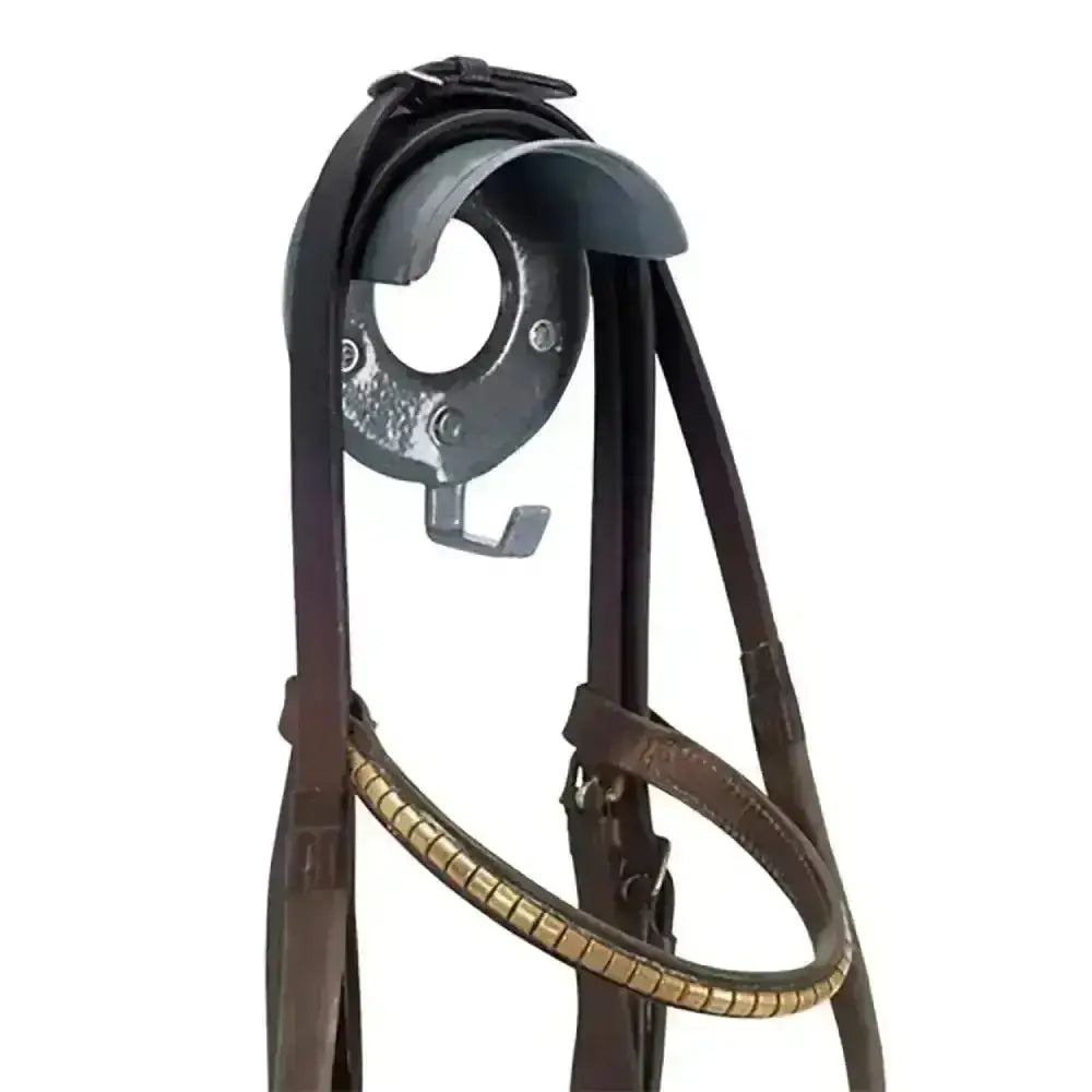 Brown leather stubbs bridle with gold braided browband and black metal hardware featuring bridle brackets and hooks outstanding model
