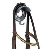 Brown leather stubbs bridle with gold braided browband and black metal hardware featuring bridle brackets and hooks outstanding model
