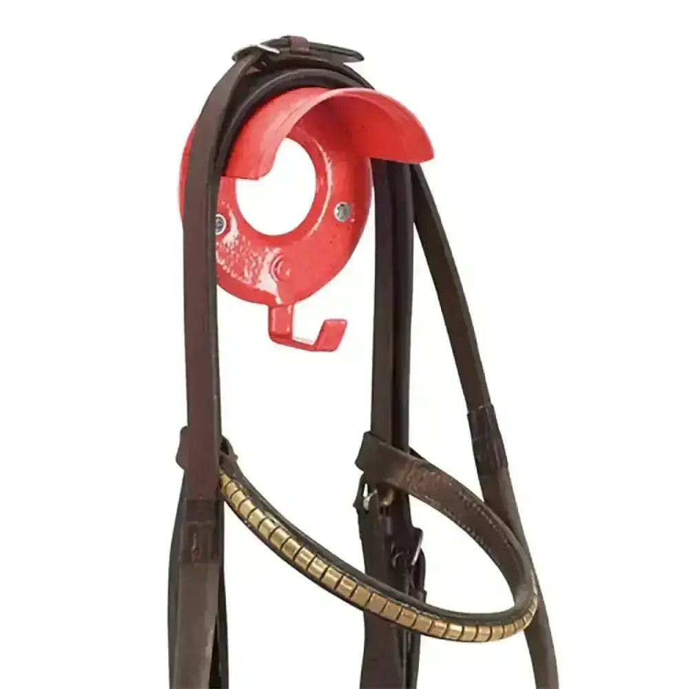Brown leather horse bridle with gold metallic browband featuring stubbs bridle brackets and hooks outstanding model