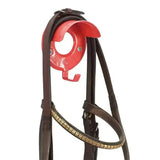 Brown leather horse bridle with gold metallic browband featuring stubbs bridle brackets and hooks outstanding model