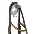 Brown leather horse bridle with gold metallic browband featuring stubbs bridle brackets and hooks outstanding model