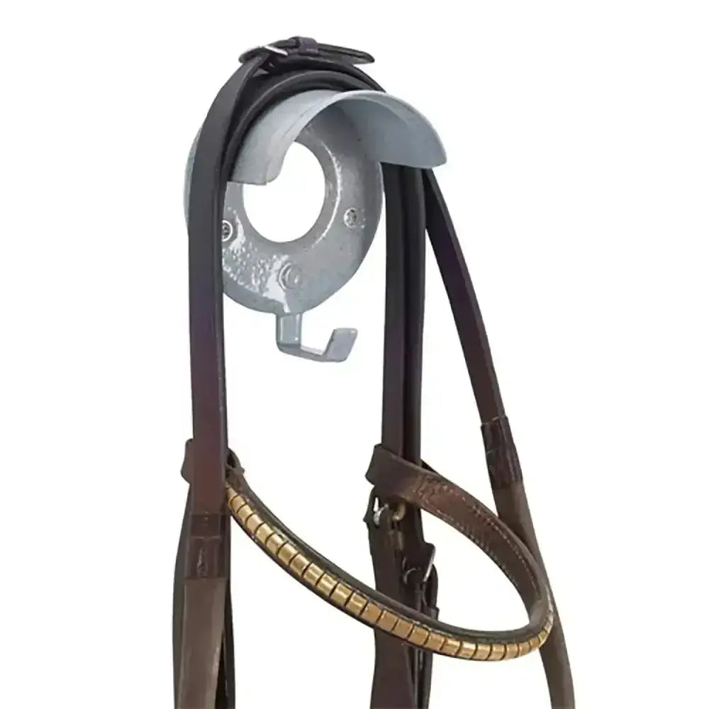 Brown leather horse bridle with gold metallic browband featuring stubbs bridle brackets and hooks outstanding model