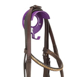 Brown leather horse bridle with purple plastic headpiece and gold metal stubbs bridle brackets with hooks outstanding model