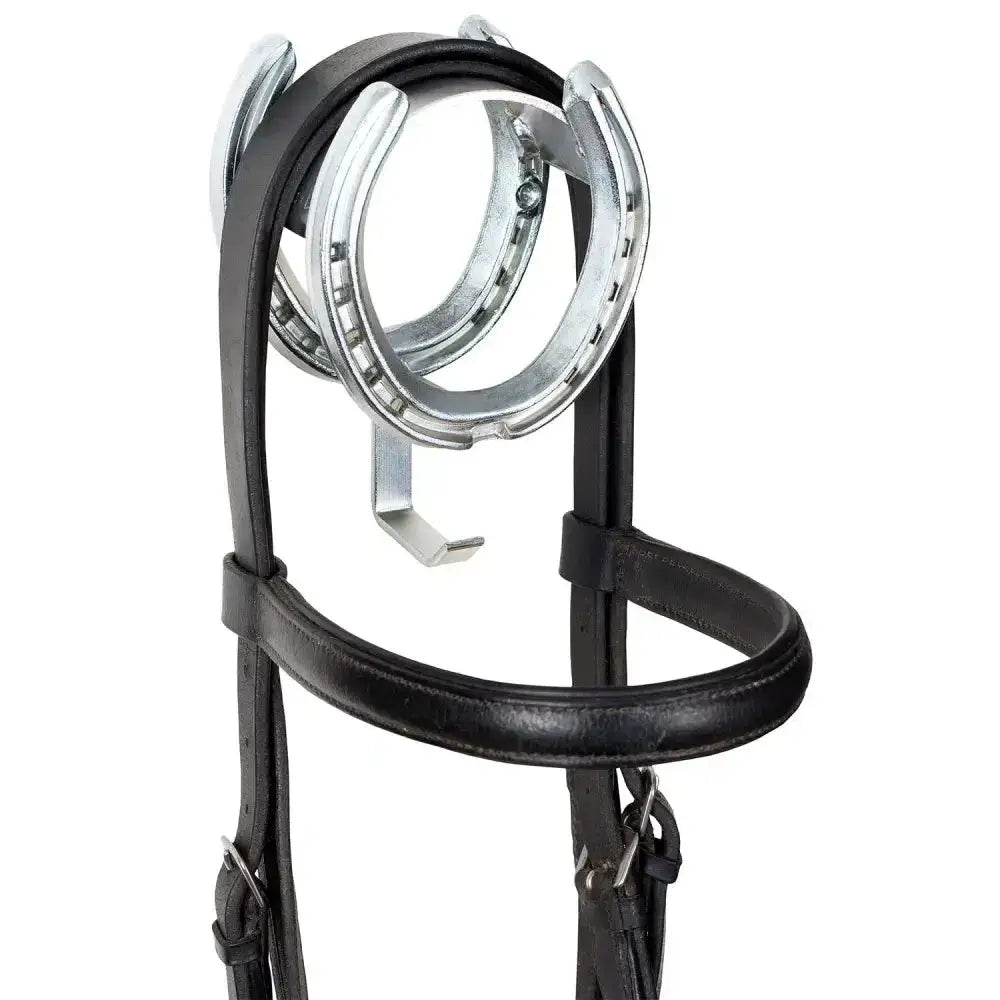 Black leather horse headpiece with silver horseshoe accents from stubbs bridle king combines stunning style and smart design