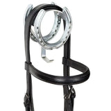 Black leather horse headpiece with silver horseshoe accents from stubbs bridle king combines stunning style and smart design