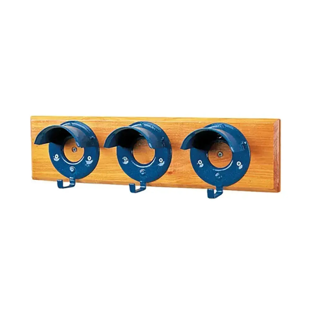 Blue metal stubbs bridle rack with three round hooks on light wood board s203 for hanging bridles