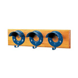 Blue metal stubbs bridle rack with three round hooks on light wood board s203 for hanging bridles