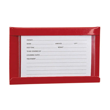 Red plastic stubbs card wallet with clear window and white form for horse breeding in a stud card holder spare wallet
