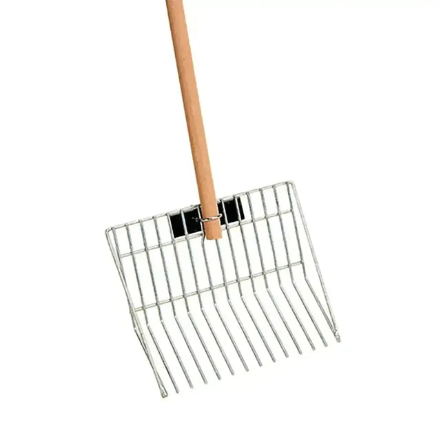 Silver wire stubbs chip fork with light brown wooden handle hot dip galvanised galvanised shavings fork