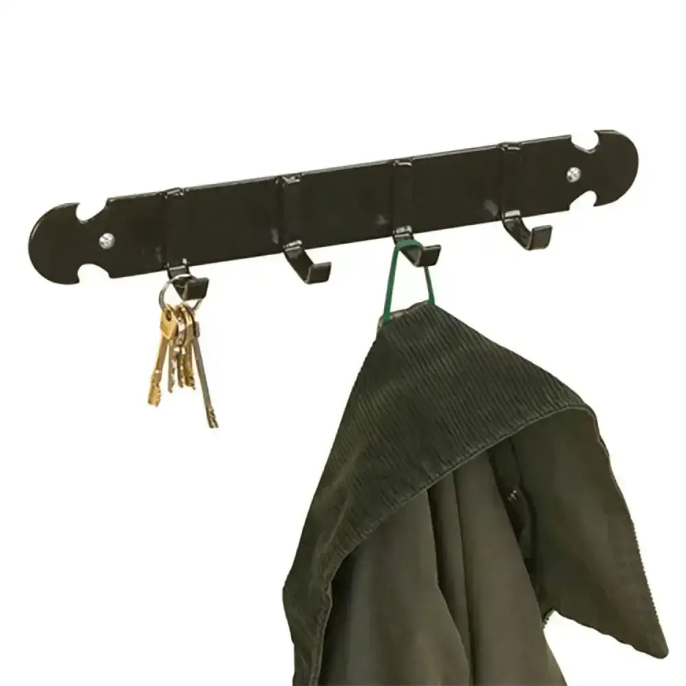 Black metal stubbs coat and key rack with three bridle hooks perfect for tack room organization