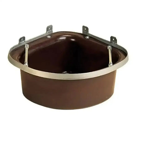 Brown plastic stubbs corner manger medium 20 lt with silver protective steel angle rim and mounting brackets