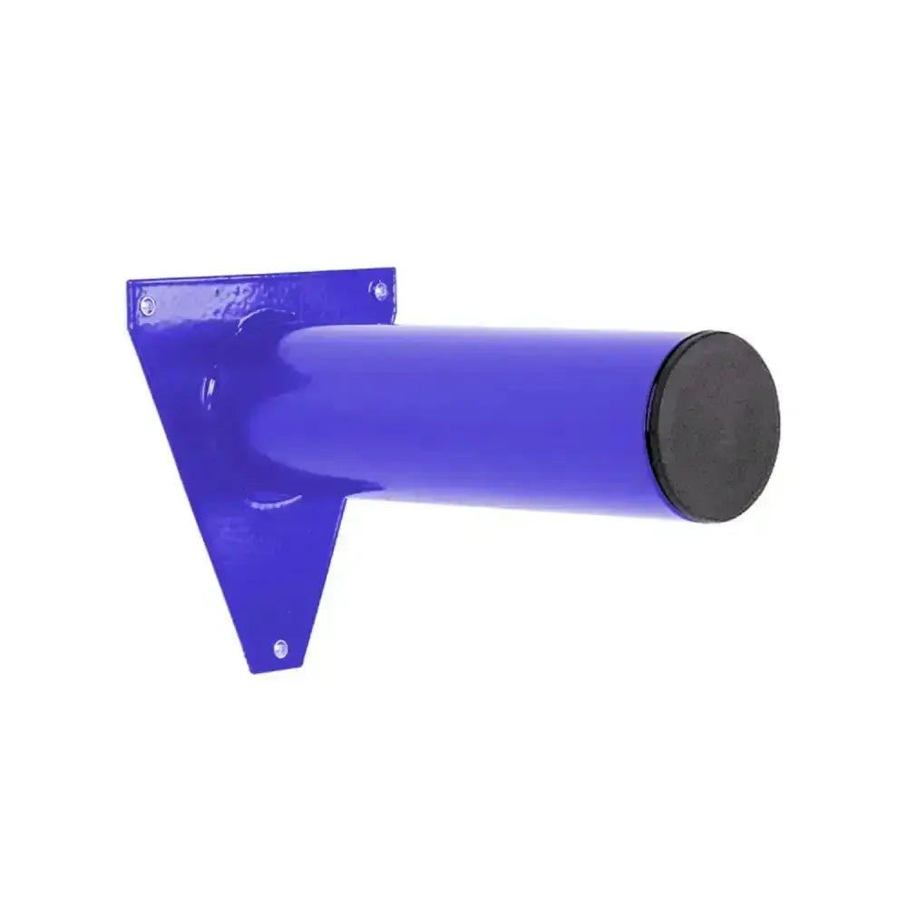 Blue metal wall-mounted stubbs display pole with black rubber cap perfect for a striking shop display